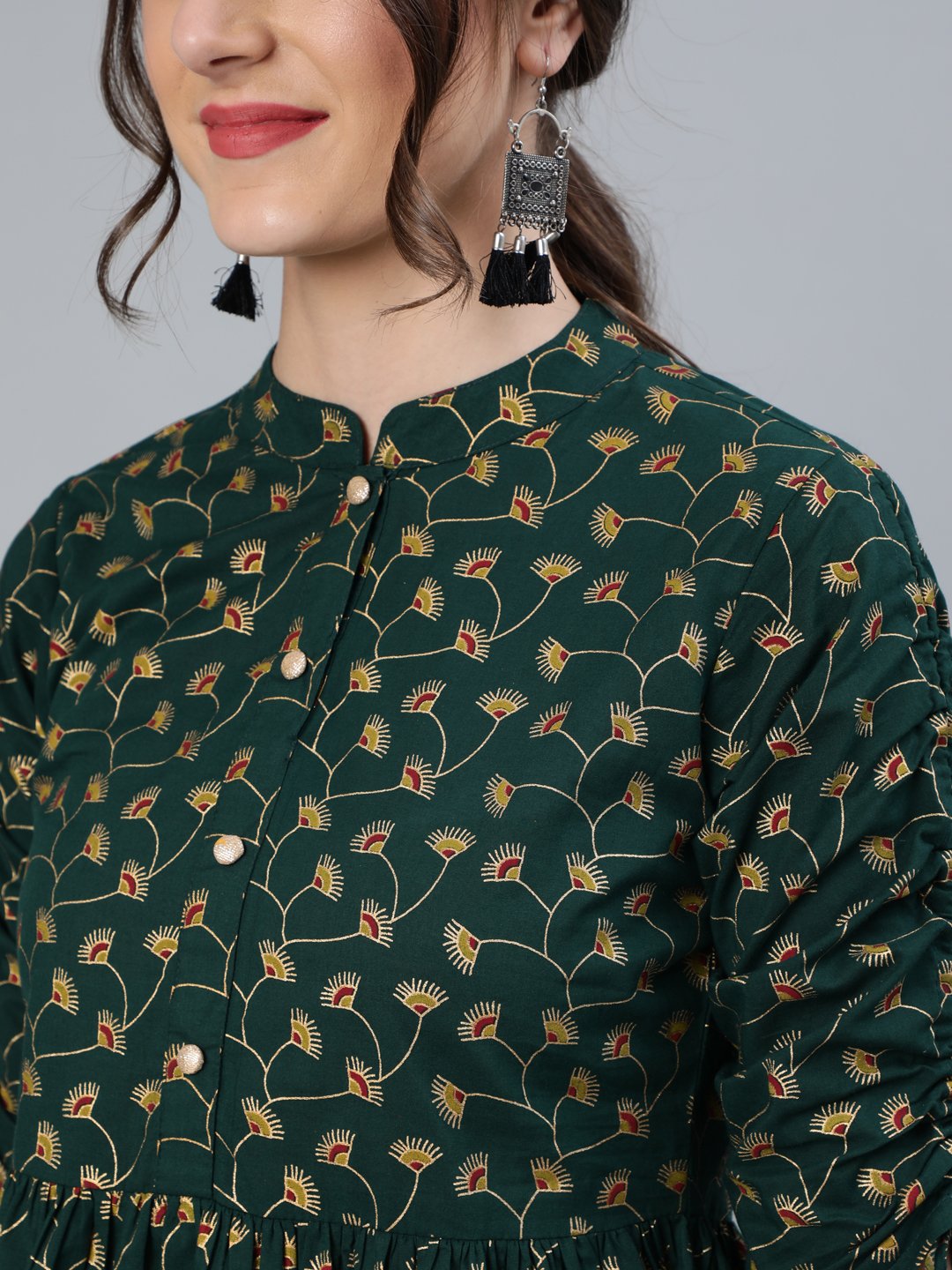 Women's Green Floral Printed Top With Mandarin Collar & Three Quarter Sleeves