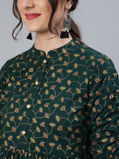 Women's Green Floral Printed Top With Mandarin Collar & Three Quarter Sleeves