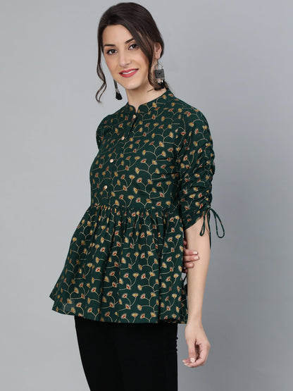 Women's Green Floral Printed Top With Mandarin Collar & Three Quarter Sleeves