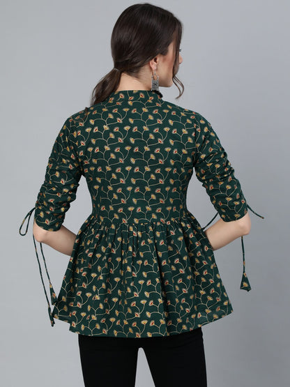 Women's Green Floral Printed Top With Mandarin Collar & Three Quarter Sleeves