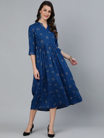 Women's Teal Blue & Gold Printed Dress With Three Quarter Sleeves