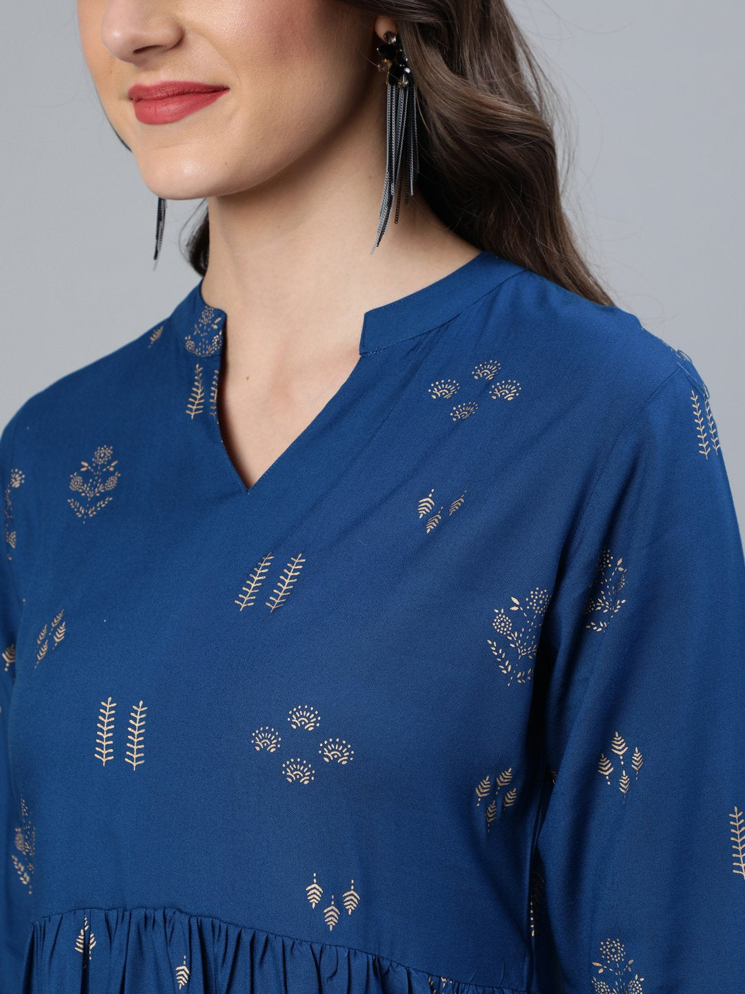 Women's Teal Blue & Gold Printed Dress With Three Quarter Sleeves