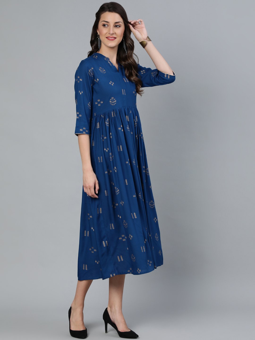Women's Teal Blue & Gold Printed Dress With Three Quarter Sleeves