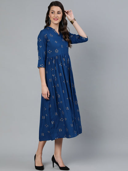 Women's Teal Blue & Gold Printed Dress With Three Quarter Sleeves