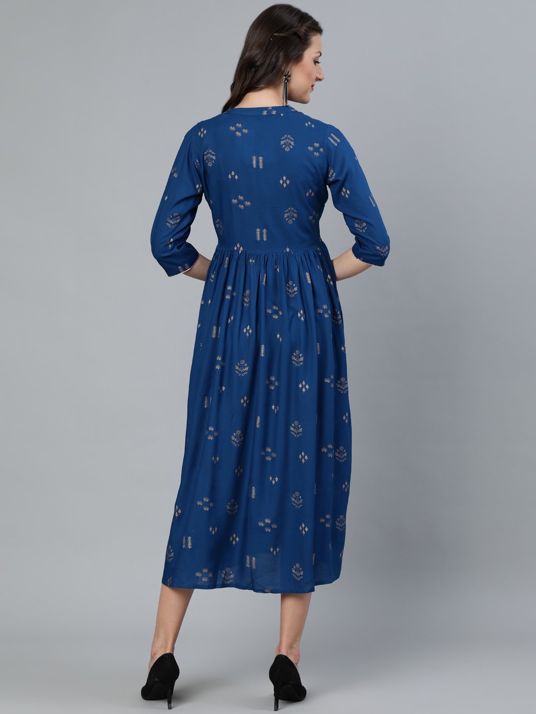 Women's Teal Blue & Gold Printed Dress With Three Quarter Sleeves