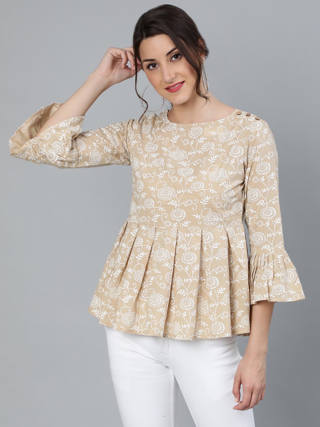 Women's Womenbeige & Off-White Floral Printed Top With Round Neck & Three Quarter Sleeves