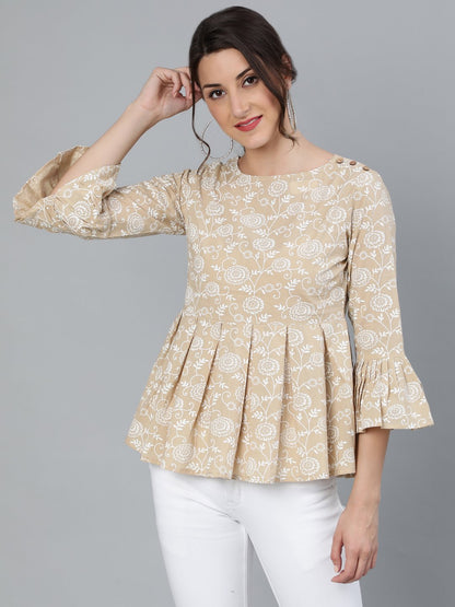 Women's Womenbeige & Off-White Floral Printed Top With Round Neck & Three Quarter Sleeves