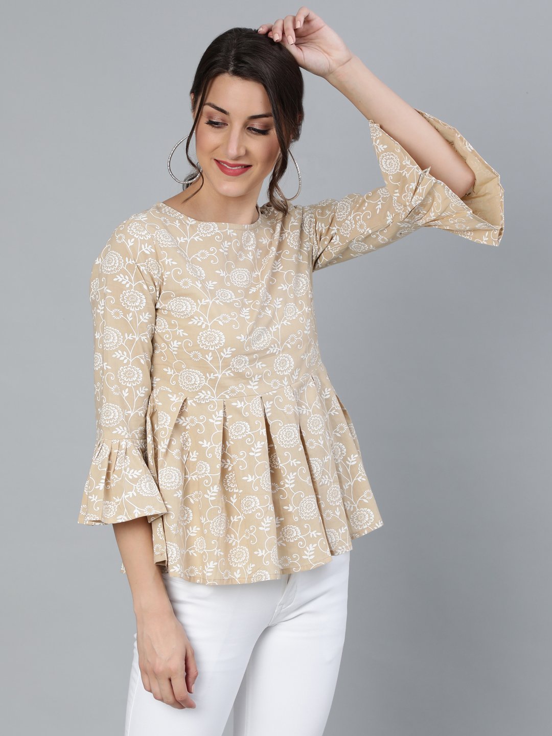 Women's Womenbeige & Off-White Floral Printed Top With Round Neck & Three Quarter Sleeves