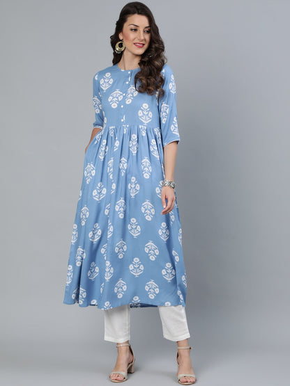 Women's Blue Three Quarter Sleeves Straight Kurta With Trouser