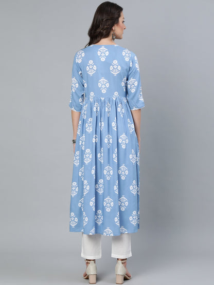 Women's Blue Three Quarter Sleeves Straight Kurta With Trouser