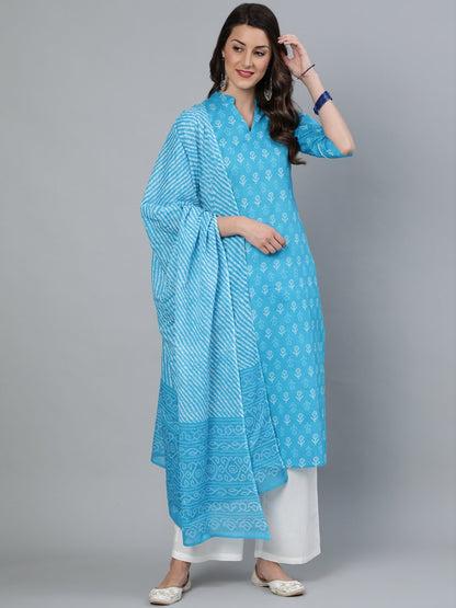 Women's Sky Blue Straight Bandhani Printed Kurta With Plazzo & Dupatta