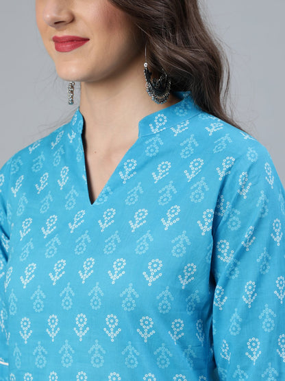Women's Sky Blue Straight Bandhani Printed Kurta With Plazzo & Dupatta