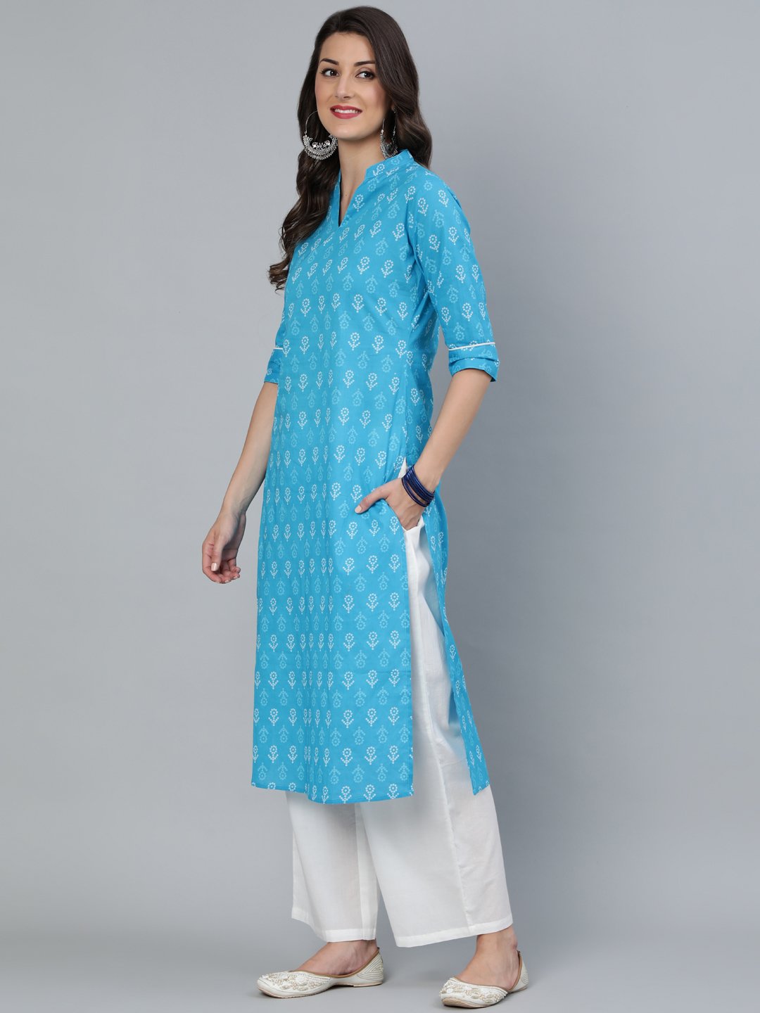 Women's Sky Blue Straight Bandhani Printed Kurta With Plazzo & Dupatta