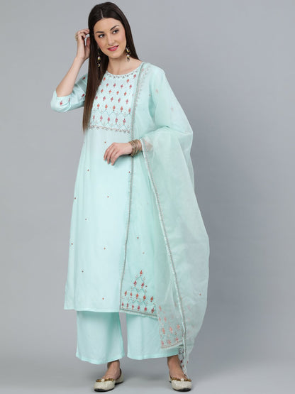 Women's Sea Green Straight Embroidered Kurta With Plazzo & Dupatta