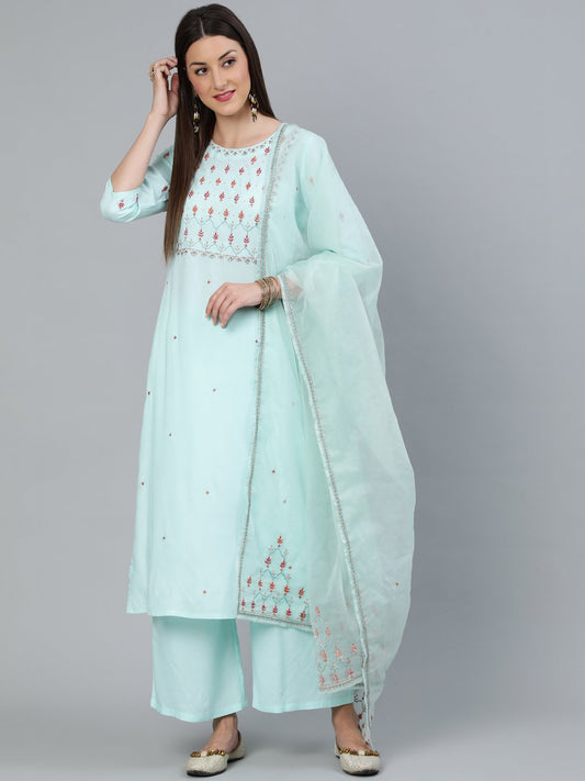 Women's Sea Green Straight Embroidered Kurta With Plazzo & Dupatta