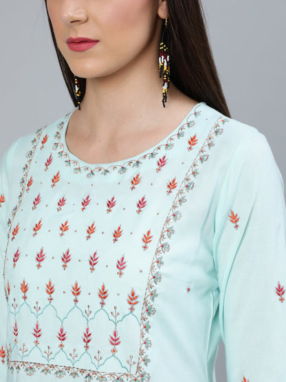 Women's Sea Green Straight Embroidered Kurta With Plazzo & Dupatta
