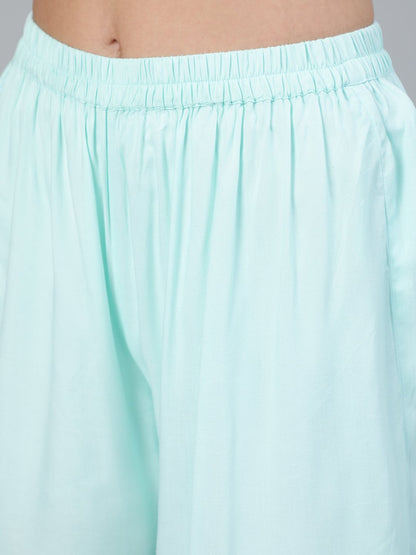 Women's Sea Green Straight Embroidered Kurta With Plazzo & Dupatta