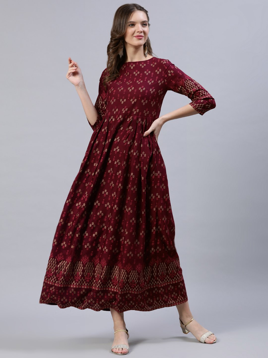 Women's Burgundy Printed Dress With Three Quarter Sleeves