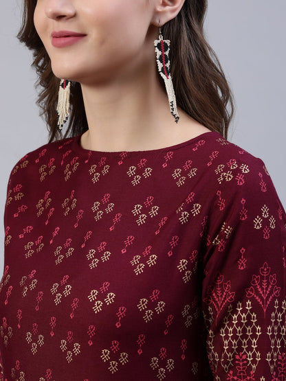 Women's Burgundy Printed Dress With Three Quarter Sleeves