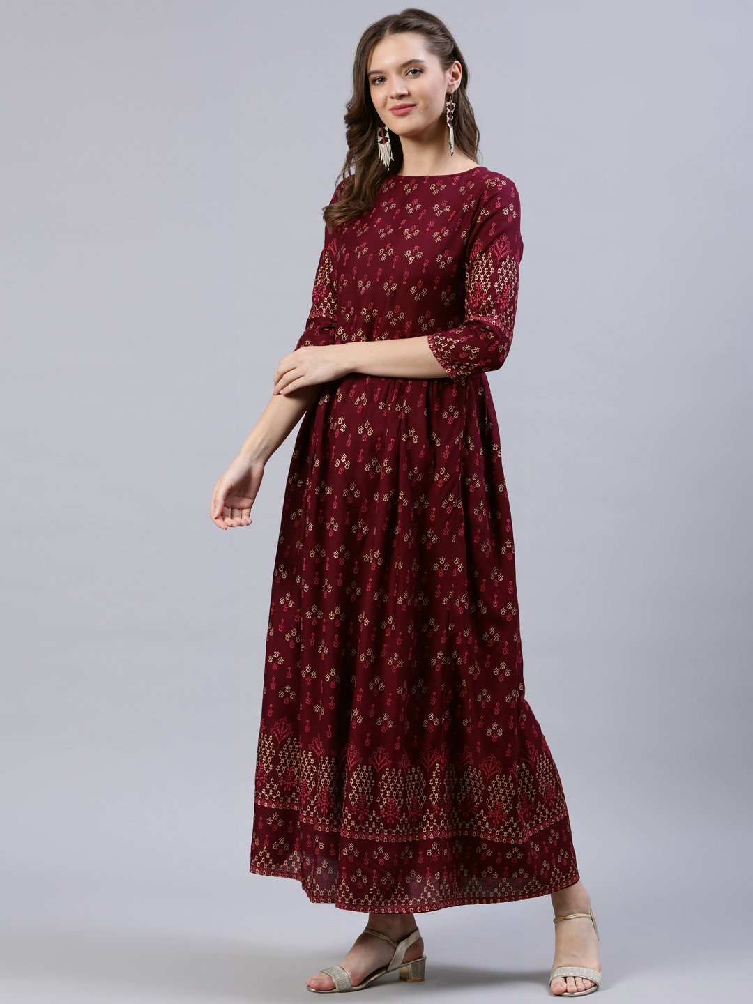 Women's Burgundy Printed Dress With Three Quarter Sleeves