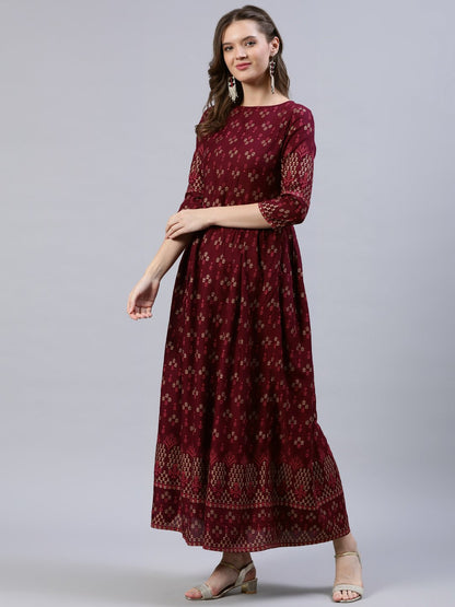 Women's Burgundy Printed Dress With Three Quarter Sleeves