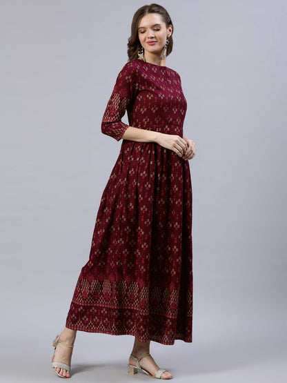 Women's Burgundy Printed Dress With Three Quarter Sleeves