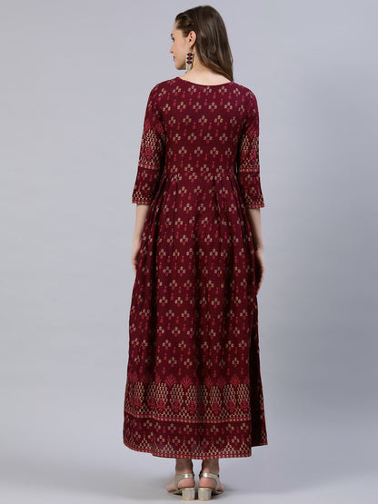 Women's Burgundy Printed Dress With Three Quarter Sleeves