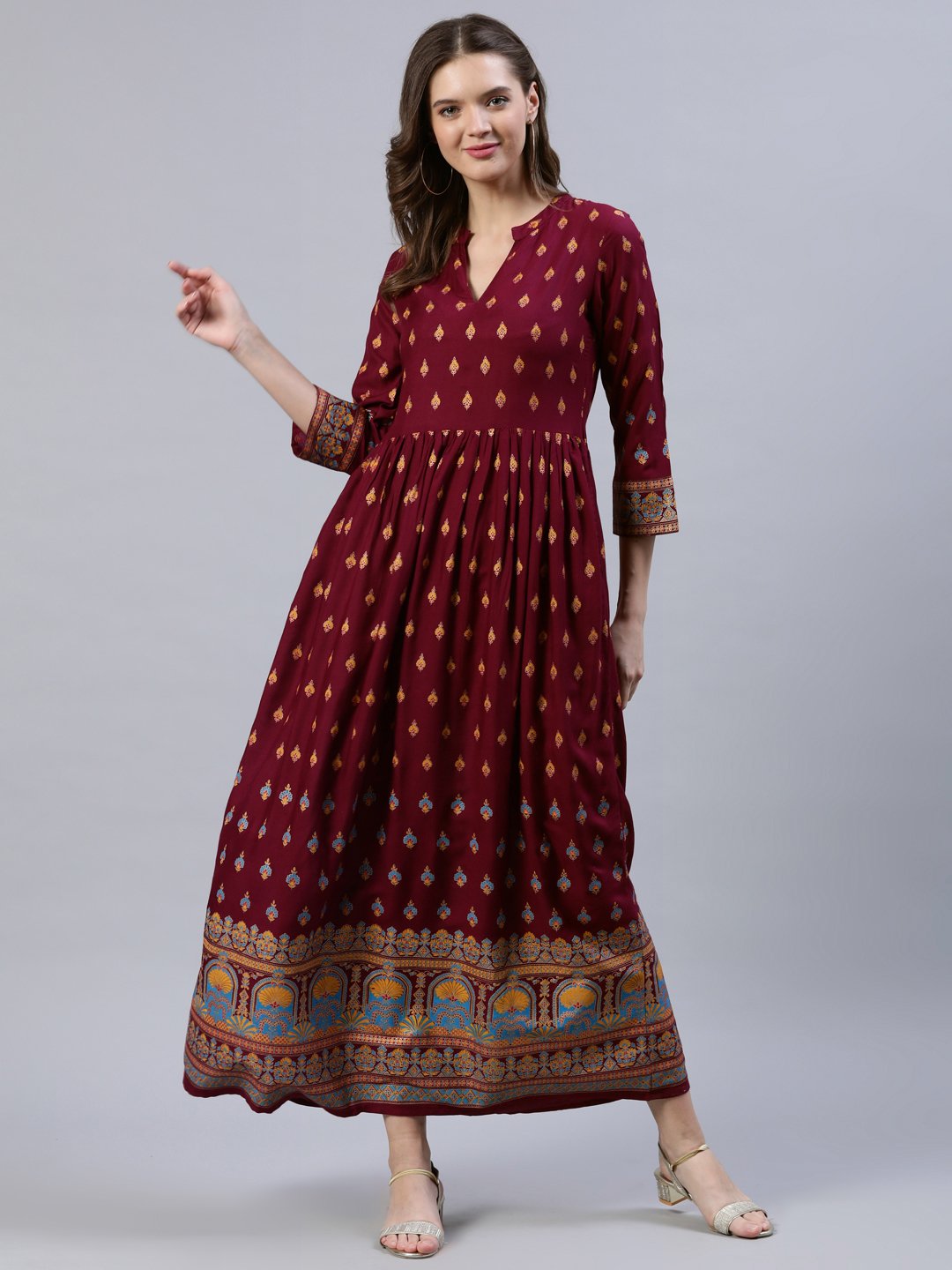 Women's Burgundy Printed Dress With Three Quarter Sleeves