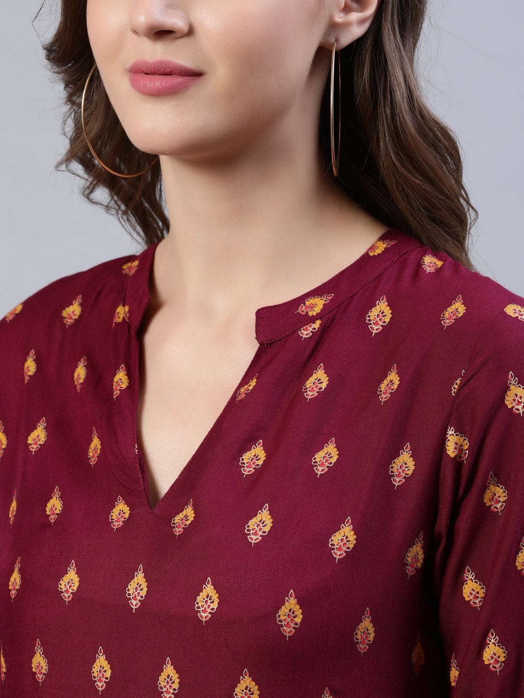 Women's Burgundy Printed Dress With Three Quarter Sleeves
