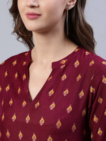Women's Burgundy Printed Dress With Three Quarter Sleeves