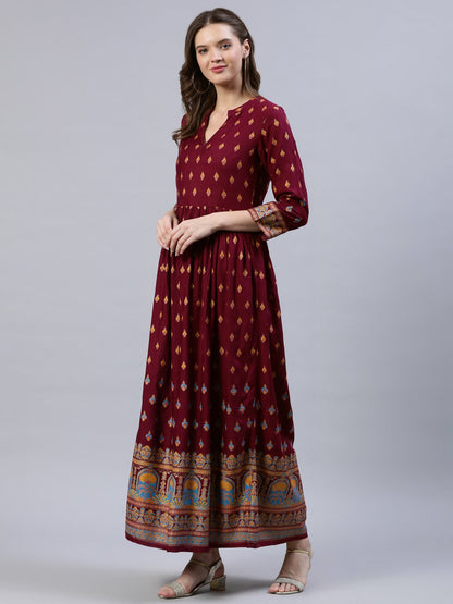 Women's Burgundy Printed Dress With Three Quarter Sleeves