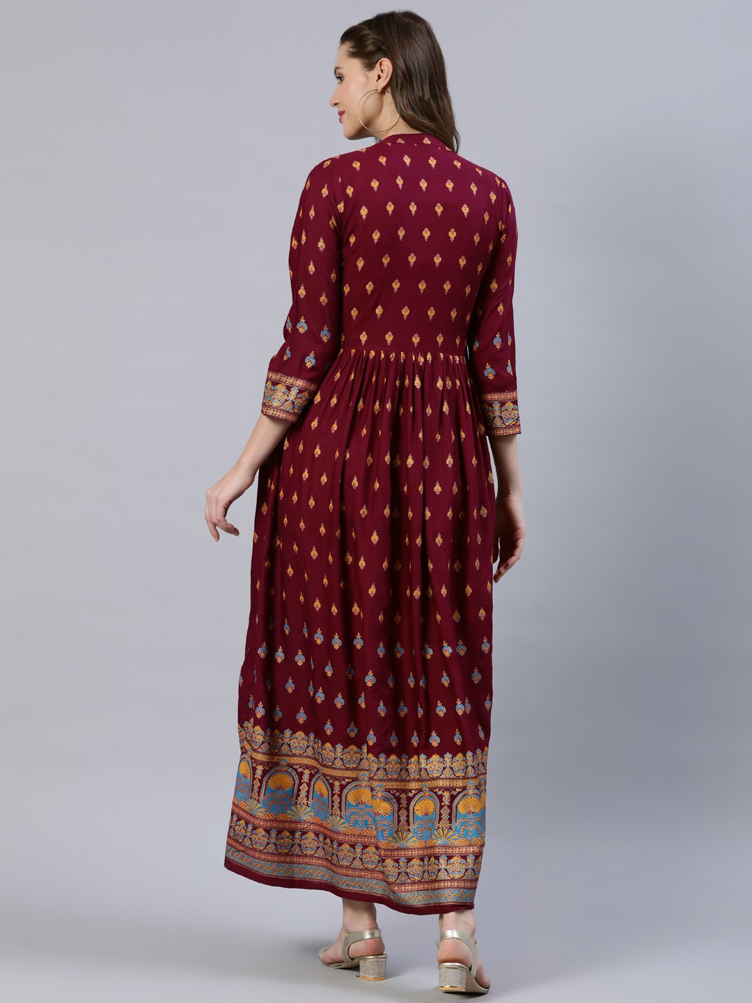 Women's Burgundy Printed Dress With Three Quarter Sleeves