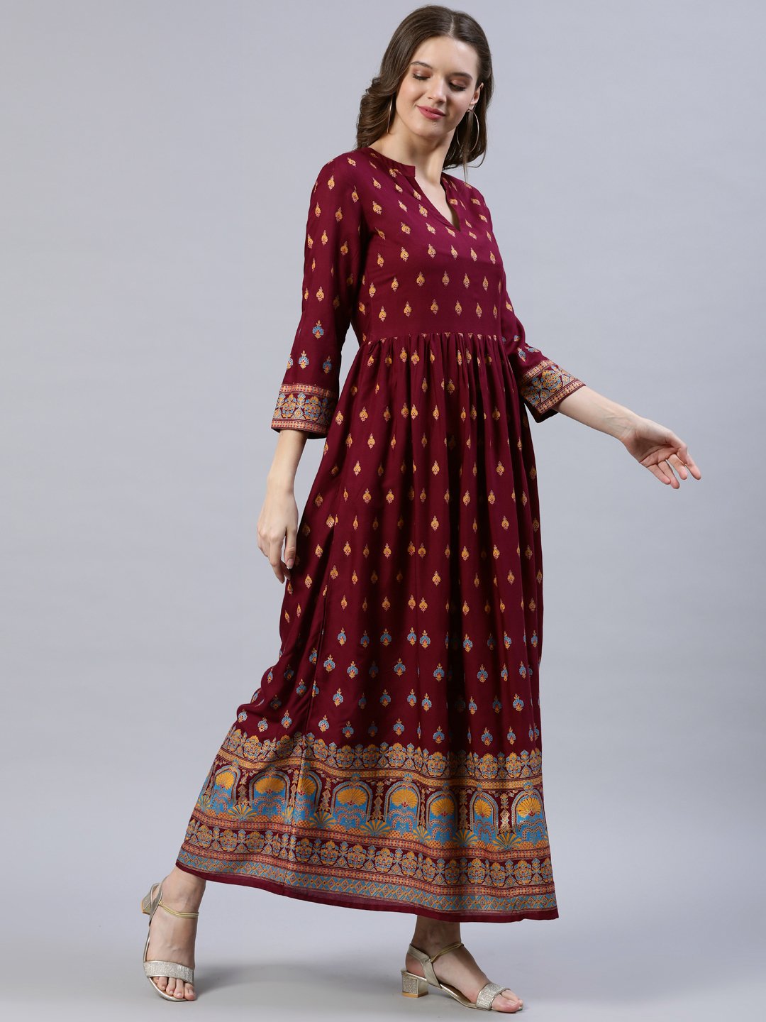 Women's Burgundy Printed Dress With Three Quarter Sleeves