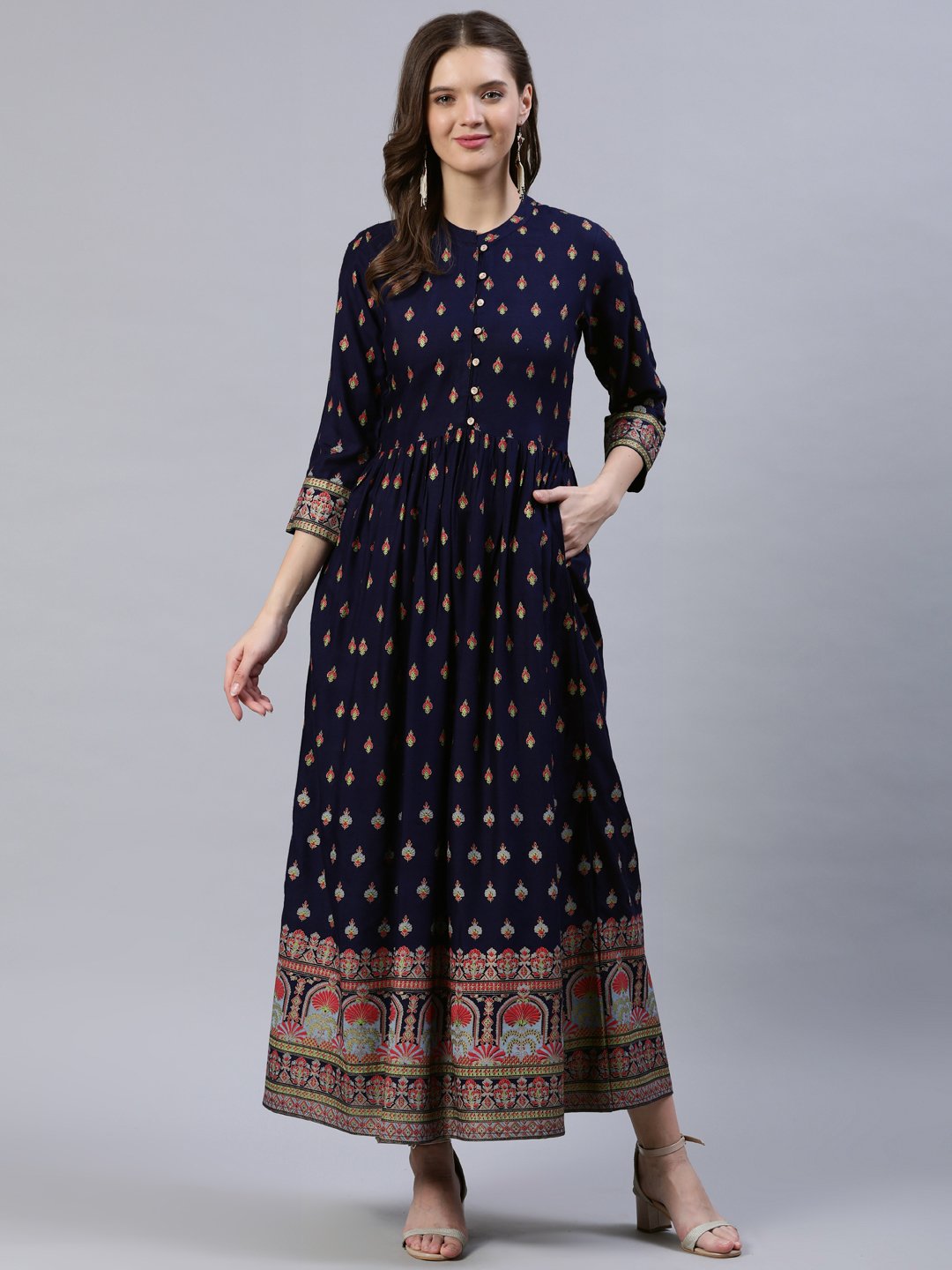 Women's Navy Blue Printed Dress With Three Quarter Sleeves