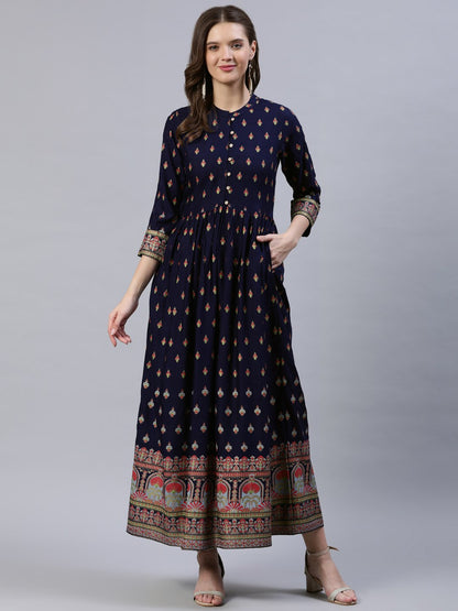 Women's Navy Blue Printed Dress With Three Quarter Sleeves