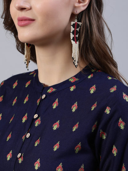 Women's Navy Blue Printed Dress With Three Quarter Sleeves