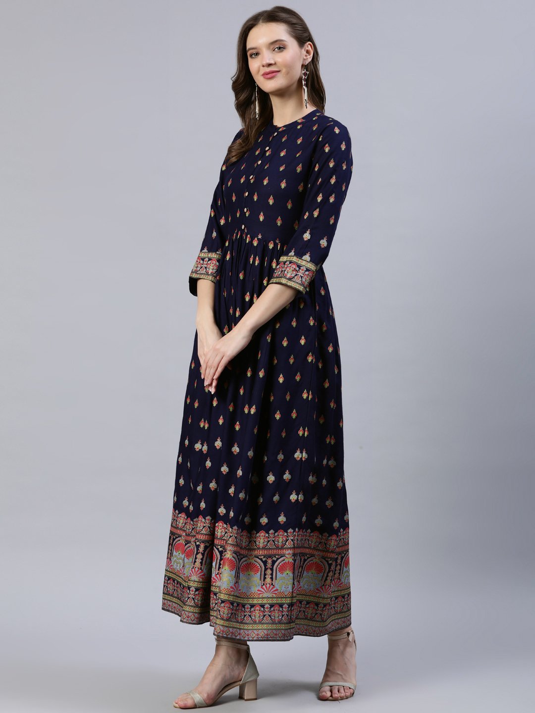 Women's Navy Blue Printed Dress With Three Quarter Sleeves