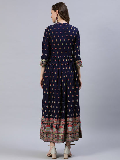 Women's Navy Blue Printed Dress With Three Quarter Sleeves