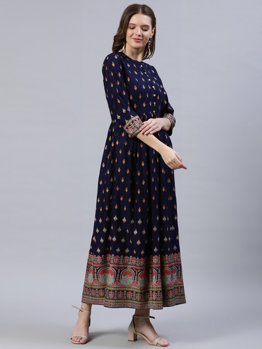 Women's Navy Blue Printed Dress With Three Quarter Sleeves