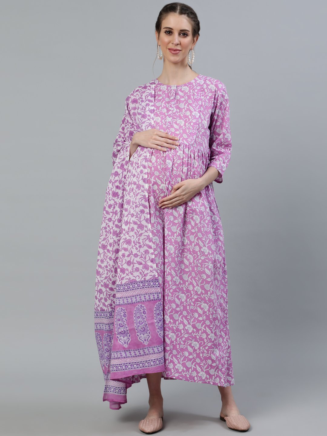 Women's Purple Printed Maternity Dress With Three Quarter Sleeves & Dupatta