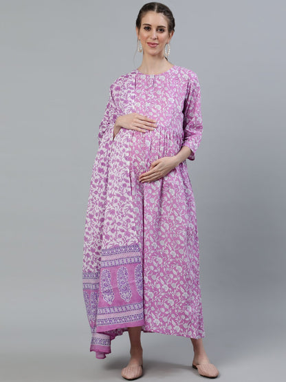 Women's Purple Printed Maternity Dress With Three Quarter Sleeves & Dupatta
