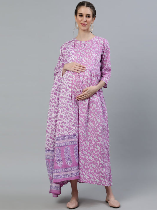 Women's Purple Printed Maternity Dress With Three Quarter Sleeves & Dupatta