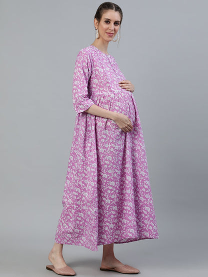 Women's Purple Printed Maternity Dress With Three Quarter Sleeves & Dupatta