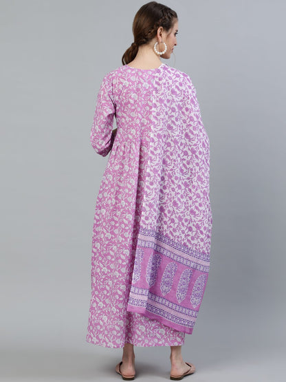 Women's Purple Printed Maternity Dress With Three Quarter Sleeves & Dupatta