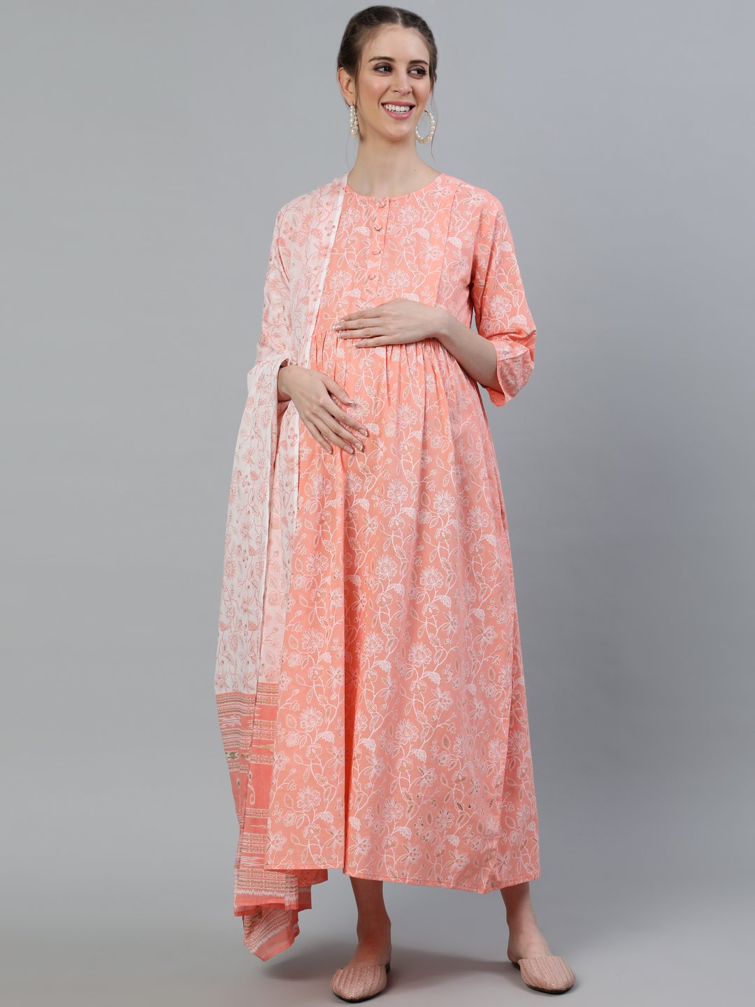 Women's Peach & Gold Printed Maternity Dress With Three Quarter Sleeves & Dupatta