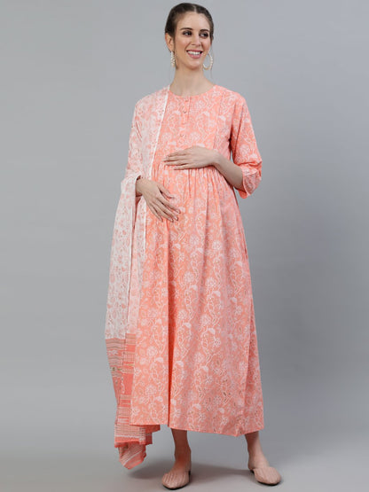 Women's Peach & Gold Printed Maternity Dress With Three Quarter Sleeves & Dupatta