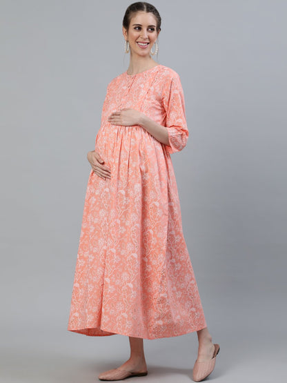 Women's Peach & Gold Printed Maternity Dress With Three Quarter Sleeves & Dupatta