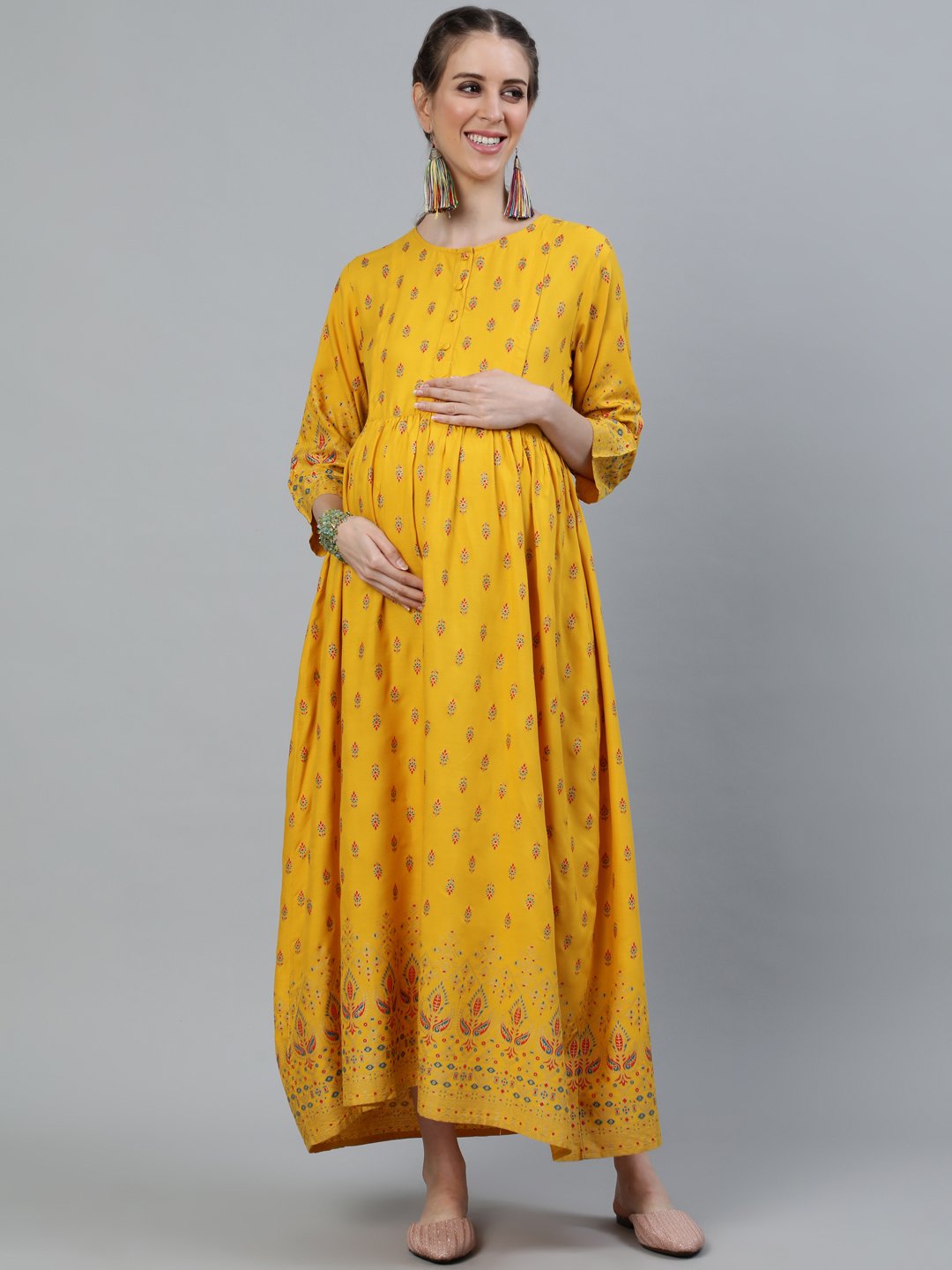 Women's Yellow & Gold Printed Maternity Dress With Three Quarter Sleeves