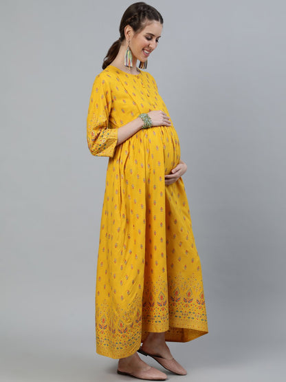 Women's Yellow & Gold Printed Maternity Dress With Three Quarter Sleeves