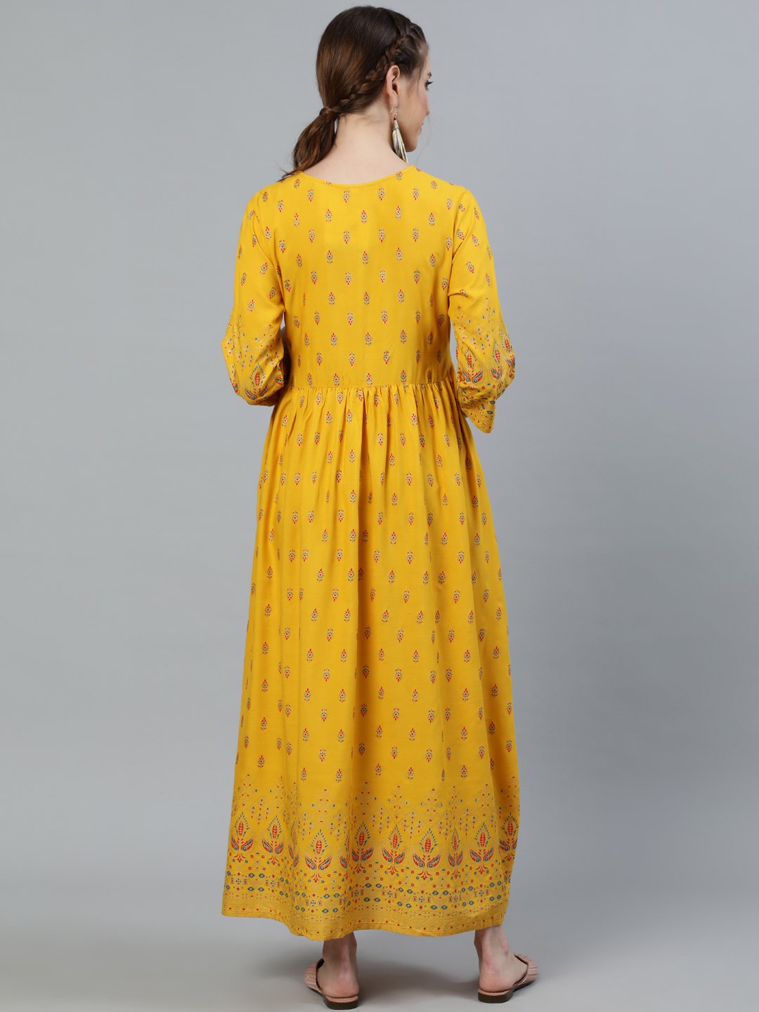 Women's Yellow & Gold Printed Maternity Dress With Three Quarter Sleeves